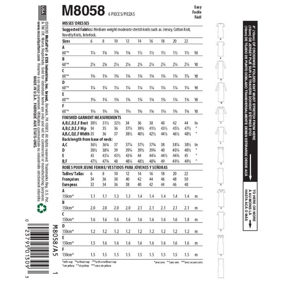 McCalls M8058 Sewing Pattern Misses Dresses Sizes 6-14 Fitted Pullover Knits - Picture 2 of 4